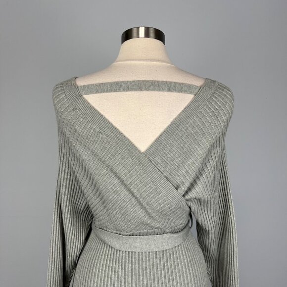 Womens Gray Batwing Sleeve Wrap Sweater Dress Belted Cutout Back size Large - Picture 11 of 15